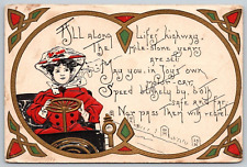 Embossed Postcard~  Arts & Crafts Style~ Woman Driving~ All Along Life's Highway picture
