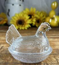 VINTAGE 4.5 “ Hen On  Nest Clear Glass / Cottage Granny Core Trinket Candy Dish picture