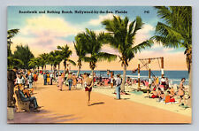 Linen Postcard Hollywood by the Sea Florida Boardwalk & Bathing Beach FL picture