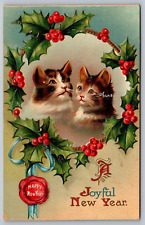 A Joyful New Year-Embossed Antique German Postcard-Cat Artwork-Unposted picture