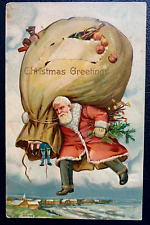 Santa Claus with Giant Sack Full of Toys~Fruit~Antique Christmas Postcard~k347 picture