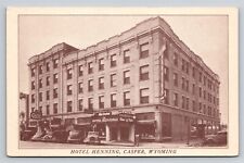 Casper Wyoming WY Hotel Henning Sign Old Cars Street Level View Vtg Postcard picture