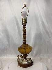 Vintage Amber Glass MCM Table Lamp Wood Metal Base Decor picture