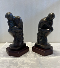 Bronze On Wooden Base The Thinker Sculpture 2 Pc Book Ends picture