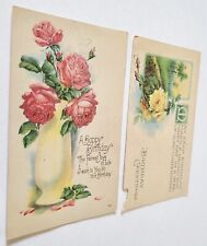 2 Antique Birthday Greetings Postcards - Yellow and Red Roses picture
