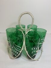 Vintage Anchor Hocking LILY OF THE VALLEY 6 Forest Green Glasses & Metal Holder picture