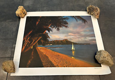 VINTAGE SCENIC WAIKIKI BEACH HAWAII LITHOGRAPH ART PRINT 25.5X20.5