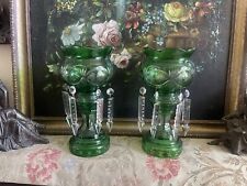 2 Antique Green Etched Glass Mantle Lusters - Floral Prisms - Estate Find picture
