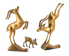 VTG Solid Brass Gazelle Antelope Deer Family Set of 3 Leaping Bucking picture