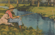 Boy and His Best Friend Fish from a Countryside Creek Linen Vintage Post Card picture