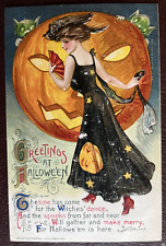 Vintage 1911 Greeting At Halloween Postcard John Winsch JOL Lady in Black Dress  picture