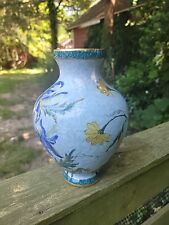 1950 Italian Hand Painted Blue Vase /Gold Gilted With Floral Design Signed picture