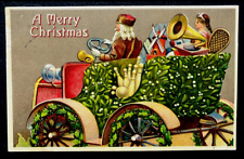 Red  Robe Santa Claus in Old Car with Holly~Toys~Antique~Christmas Postcard~k305 picture