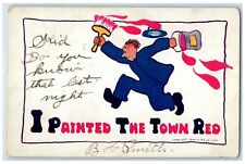 c1905 Boy Running With Paint Brush Bucket I Painted The Town Red Posted Postcard picture