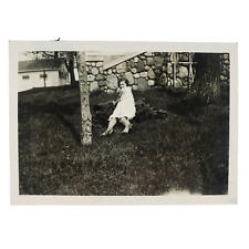 Girl Lying on Fur in Lawn Photo 1930s Vintage Woman on Ground Snapshot B3451 picture