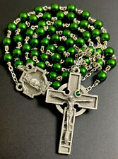 Catholic Green Painted Glass 5 Decade Rosary Pewter Celtic Crucifix picture