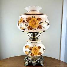 Vintage Hand Painted Milk Glass Floral Yellow Brown Gold Hurricane Table Lamp picture