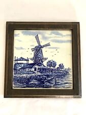 Vtg Dutch Delft Blue Tableau TILE Windmill Boats in Frame Holland 7.6” Square picture