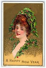 1909 New Year Pretty Woman Holly Berries Embossed St. Paul MN Antique Postcard picture