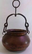 Antique Hanging Copper Cauldron Fireplace Kettle Pot w/Iron Handle & Dovetail picture