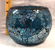 Mosaic Crackled Turquoise Blue  Glass Candle Holder 3.5