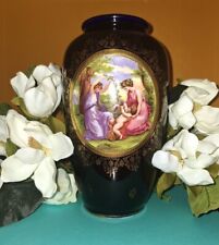 Vase Hand Painted Central Cartouche Scenic Royal Vienna Cobalt Gild Porcelain picture