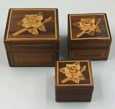Vintage Wooden Rattan Rose Nesting Jewelry Trinket Boxes Set Of 3 picture