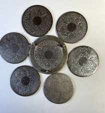 Vintage Metal Silver Plated Etched Ornate Coasters Set Of 6 With Display Stand picture