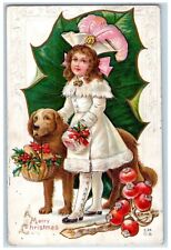 c1910's Christmas Holly Leaf Berries Girl Labrador Ratriever Embossed Postcard picture