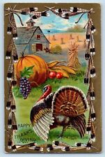 Thanksgiving Postcard Turkey And Pumpkin Fruits Horses Wagon Hay Embossed c1910s picture