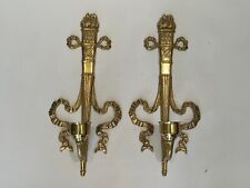 Vintage Pair Bombay Brass Wall Sconces Torch & Ribbon Candle Holders w/Shade picture