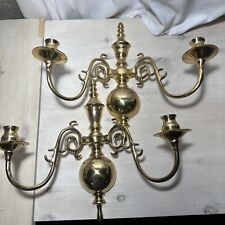 Pair Of Brass Candle Holder Sconces 2 Arm 16.5x14.5” picture