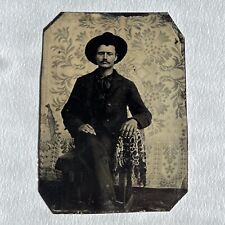 Antique Tintype Photograph Handsome Man Mustache Cowboy Hat Floral Backdrop picture