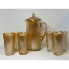 VTG Imperial Tree Bark Carnival Glass Set | Pitcher with Lid | 6 Drink Glasses picture