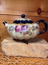 Antique Nippon Porcelain Footed Tea Pot Hand Painted Cobalt Blue Floral Moriage picture