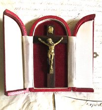 Antique French Travellers Wooden Cross Crucifix Icon Velvet Lined Case c1900s picture