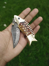 Unique Handmade Golden Fish Engraved Folding Knife Damascus Steel Blade Knife picture