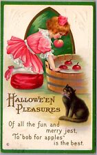Postcard Halloween Pleasures; Young Girl Bobbing for Apples; Black Cat 1915 Fp picture