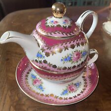 Grace Teaware Pink Gold Scroll Fine Porcelain Tea For One picture