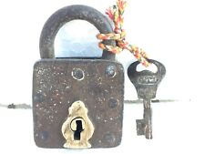 OLD VINTAGE HANDMADE RUSTIC IRON BRASS FITTED SOLID PADLOCK WITH ORIGINAL KEY picture