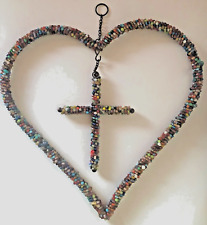 2 pc. VINTAGE RELIGIOUS MEXICAN CULTURE HANDCRAFTED BEADED HEART WALL HANGING picture