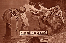 c1910 Now Will You Be Good Man & Women In Water Fashion ANTIQUE Postcard picture