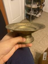 Vintage Brass Pedestal Bowl Hand Etched Made in India by J. D. 174J picture