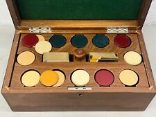 Antique Cased Wooden Poker Chip Set Gambling 1910 inlaid box key navy picture