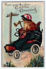 c1910's Easter Greeting Anthropomorphic Chick Driving Shoe Car Embossed Postcard picture