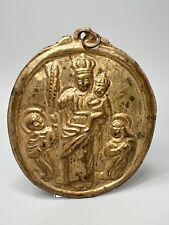 18c.Antique Repousse Silvered Brass Catholic Icon Plaque Madonna Child & Saints picture