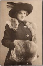 1912 LANSING, Michigan Studio Photo RPPC Postcard Young Woman / Fur Stole & Muff picture