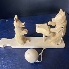 VINTAGE RUSSIA HAND CARVED WOOD BEAR PLAYING PIANO FOR RABBIT TWIRLING BALL TOY picture