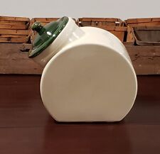 Vintage Creamy White Disc Shaped Heavy Container Canister with a Green Lid Jar picture