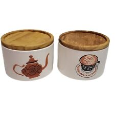 Anthropologie Danielle Kroll Coffee Tea Canisters Ceramic Wood Lid-Set of 2 picture
